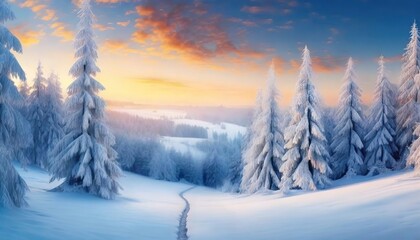 Fototapeta na wymiar Winter snowy coniferous forest fairy landscape at sunny day background. Happy New Year or Christmas greeting card. Banner.