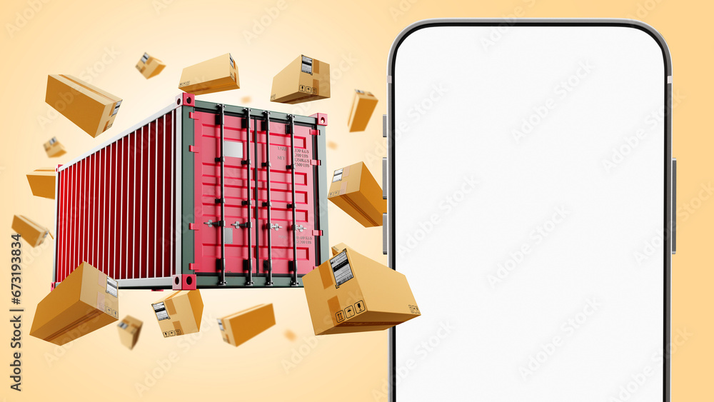 Poster logistics container with boxes. phone mockup. smartphone with white screen. cargo container. phone t