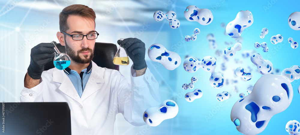 Poster man laboratory assistant. biologist guy. development of probiotics. man with laboratory test tubes. 