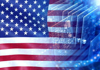USA flag. Electronic microcircuits. Computer boards. Microelectronics in United States. PCB equipment from USA. Microelectronics production in America. Supplies of microelectronics from USA.