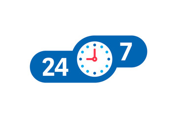 24-7 logos. 24 hours 7 days concept with clock on blue background. 24:7 logo. hourly 24-7 concept