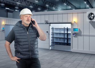 Man near industrial refrigerator. Warehouse company employee. Refrigeration container in industrial...