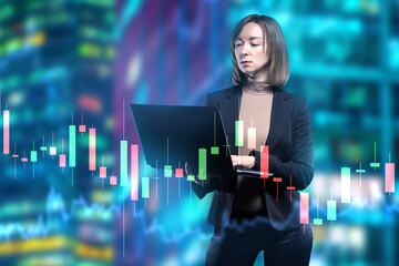 Business woman with laptop. Girl investor. Business woman with fluctuating schedule. Investor stands with computer. Financial specialist. Lady investor monitors stock prices. Investments, trading