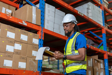 Black man warehouse worker wearing vest and helmet safety look at clipboard and checking product...