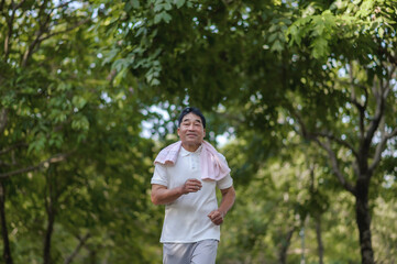 Fototapeta na wymiar Asian Old Adult Happy Man Jogging Alone In A Park With Green Trees Background.