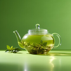 a cup of green tea, fashion, light green background, a galss teapot created with Generative Ai