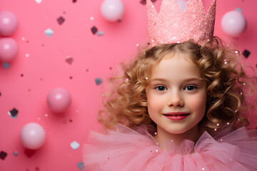 Portrait of cute young girl wearing pink carnival or Halloween princess costume