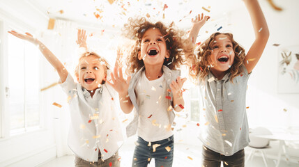 group of childs dancing and cheering about confetti shower at a birthday party - obrazy, fototapety, plakaty