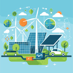 a green city with solar panels and wind turbines