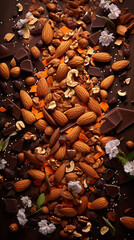 a realistic top shot photography of almonds, caramel, hazelnuts, chocolate shavings created with Generative Ai