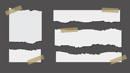 Set of torn ripped paper sheets in grey background