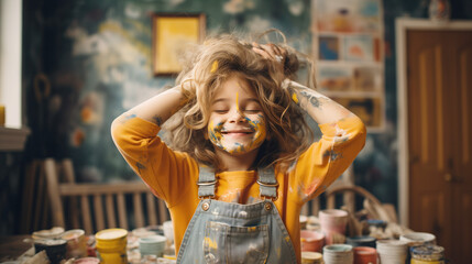 A young girl engrossed in her art painting, radiating happiness with her hands in her hair, reveling in her creative work