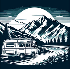 a van driving down a road with mountains in the background