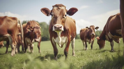AI generated illustration of a herd of bovine livestock of brown cows in a lush grassy field - obrazy, fototapety, plakaty
