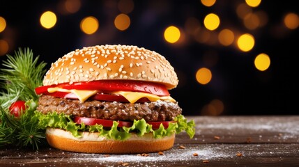 American hamburger wearing santa claus hat on festive background