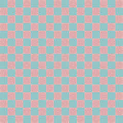 Blue and pink checkbox and cog pattern geometric shape repeated ditsy pattern for fabric, wallpaper or wrap paper ceramic 