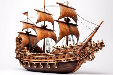 A wooden ship with a caravel design. Generative AI - obrazy, fototapety, plakaty