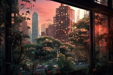 Fototapeta na wymiar An urban skyline with skyscrapers, illuminated windows, and a lush foreground of trees. Generative AI