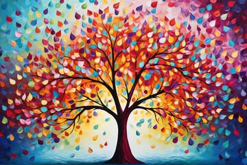 Tree with colorful leaves. tree with hanging branches and multicolored leaves, perfect for interior mural wall art decor.