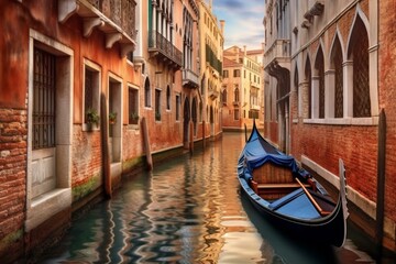 An empty Venetian canal with a motionless gondola resting on exposed ground. Generative AI