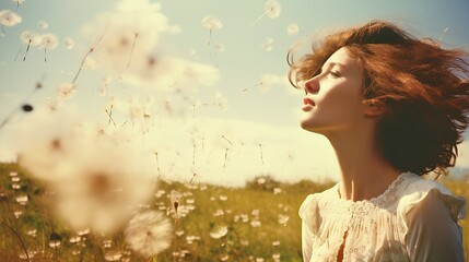 A girl in dandelion seeds in a rustic meadow during a sunny afternoon - obrazy, fototapety, plakaty