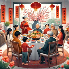 traditional chinese group of people sat around a table adorned with delicious food, eagerly anticipating the arrival of the new year in 2024, a magnificent dragon danced gracefully in the background