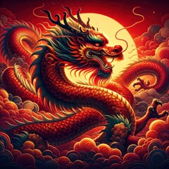 Fototapeta premium A fierce red dragon dances in the light of the full moon, heralding the arrival of the chinese new year in 2024 with a stunning painting of majestic animals illustrations of dragons, reptiles, snakes