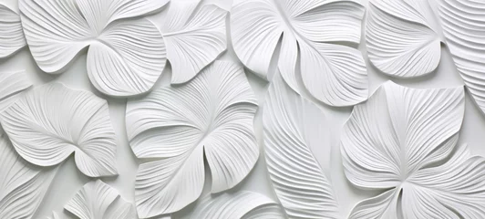 Fototapeten White geometric floral leaves 3d tiles wall texture background illustration banner panorama © Corri Seizinger
