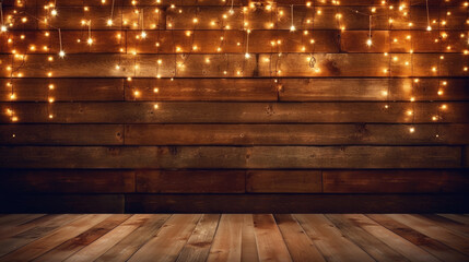 Christmas rustic background - vintage planked wood with lights and free text space - Powered by Adobe