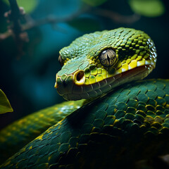 Fototapeta premium pit viper snake wrapped around tree branch vertically with head forward created with Generative Ai