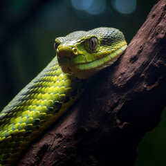 pit viper snake wrapped around tree branch vertically with head forward created with Generative Ai - obrazy, fototapety, plakaty