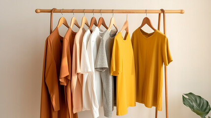 Mix of fashion clothes of different color and style in a hanger in a store against a solid color background