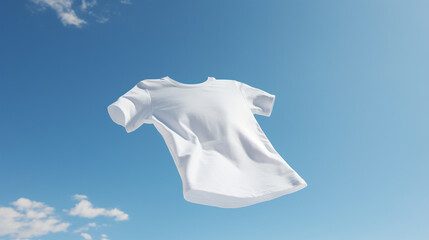 floating  white t shirt mockup on blue sky. 
