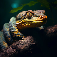 Fototapeta premium pit viper snake wrapped around tree branch vertically with head forward created with Generative Ai