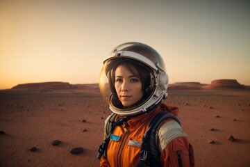 Beautiful young cosmonaut woman putting on a spacesuit in a new planet.