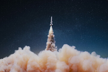 Launching a rocket with clouds of smoke in the starry sky at night. War and missiles weapons. Weapon Rocket successfully takes off into the sky - obrazy, fototapety, plakaty