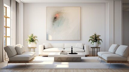 A grand white canvas in a minimalist room is a focal point that encourages reflection.
