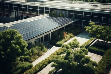 A top-down view captures a solar panel installation on a green rooftop, showcasing modern sustainable living and renewable energy solutions.