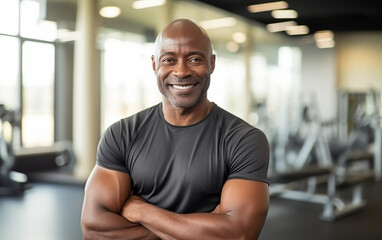Fototapeta na wymiar Portrait Of Handsome Muscular Man Posing In Gym. Fitness Trainer Standing In Modern Sport Club Interior. Gym, fitness and portrait of proud man, motivation, health and energy for training.