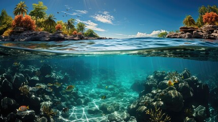 Fototapeta na wymiar Beautiful underwater half panoramic view with tropical fish, coral reefs and blue sky
