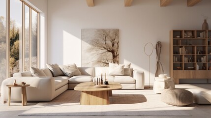 a living room that has a interesting design, in the style of white and amber, minimalist line art, eco-friendly craftmanship, shyper-realistic representation, bauhaus-inspired designs, norwegian natur
