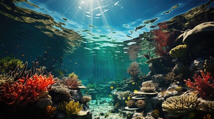 Beautiful underwater half panoramic view with tropical fish, coral reefs and blue sky