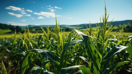 Obraz premium beautiful view of corn plantations with blue sky and mountains