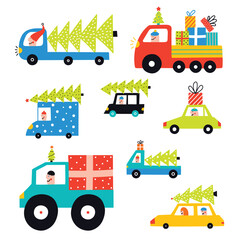 Cars are carrying Christmas trees and gift boxes. Cute colorful Christmas illustration. Clip art.
