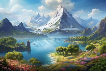 Scenic landscape featuring a tranquil lake framed by towering mountains and overlooking the sea. Generative AI