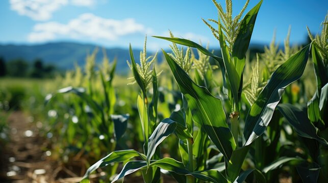 beautiful view of corn plantations with blue sky and mountains