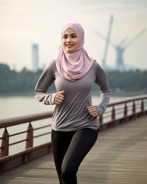 An Asian woman wearing hijab jogging for fitness