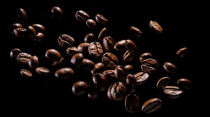 Coffee beans levitate on a black background