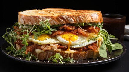 Club sandwich with chicken, egg and cheese on a black background