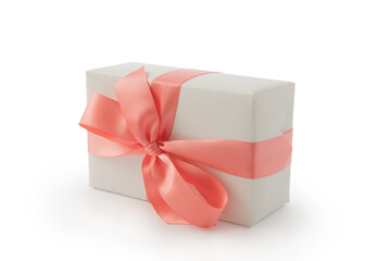 White gift box with peach color ribbon isolated on white background